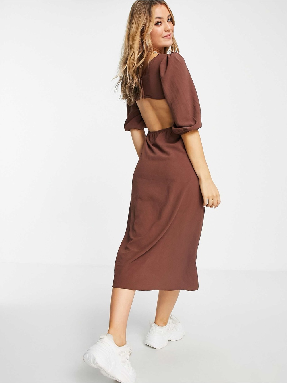 stradivarius Rust-Brown Square Neck Long Sleeve Midi Dress - Picture 2 of 5